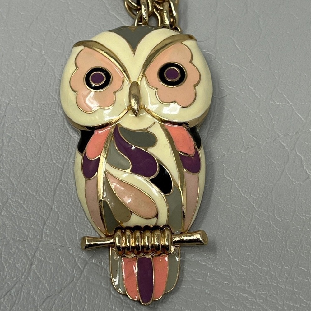 Vintage Eisenberg Owl Necklace‎ Figural Enamel White White Gold Tone Chain
